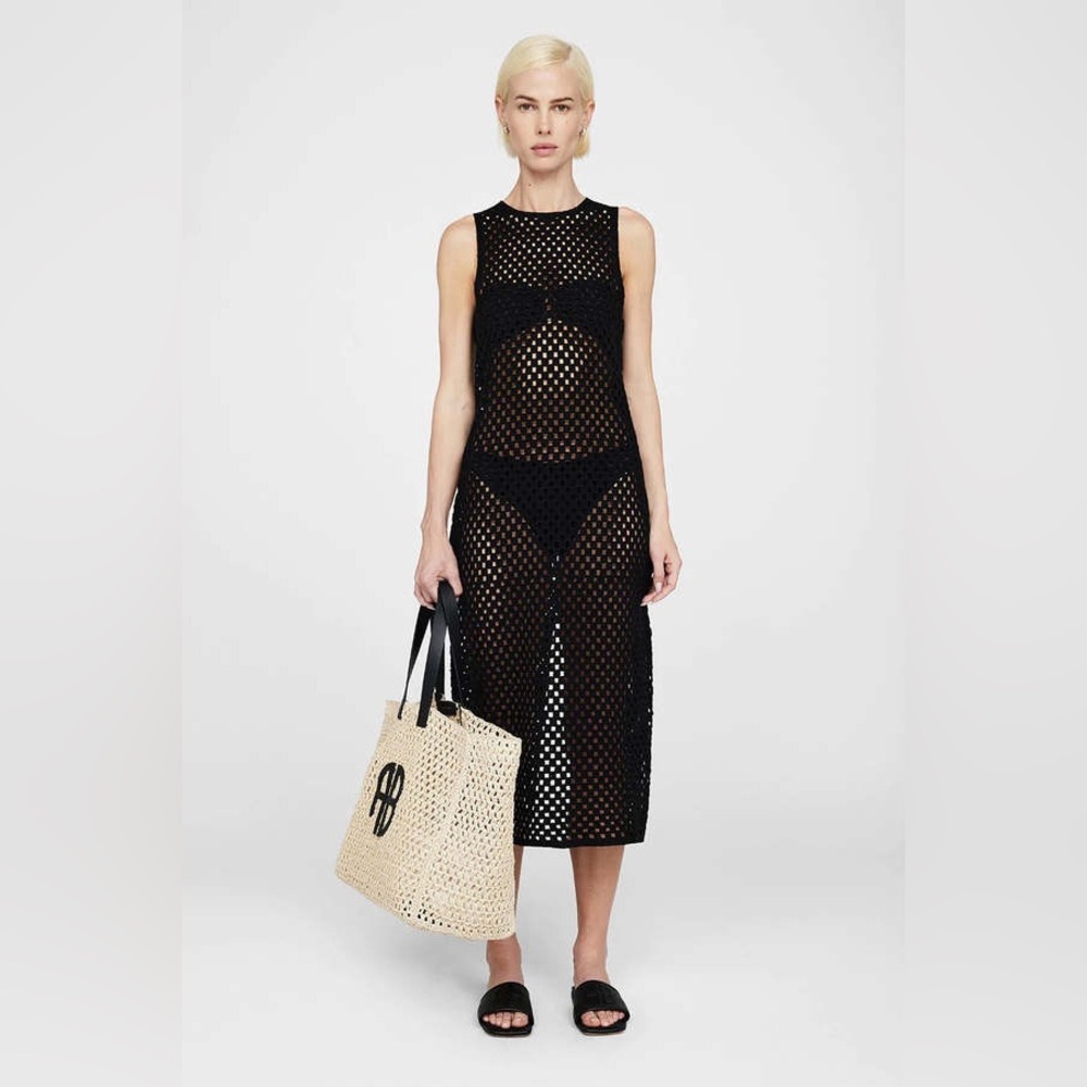 ANINE BING Veronica Dress Black Crochet Midi Cotton Size M